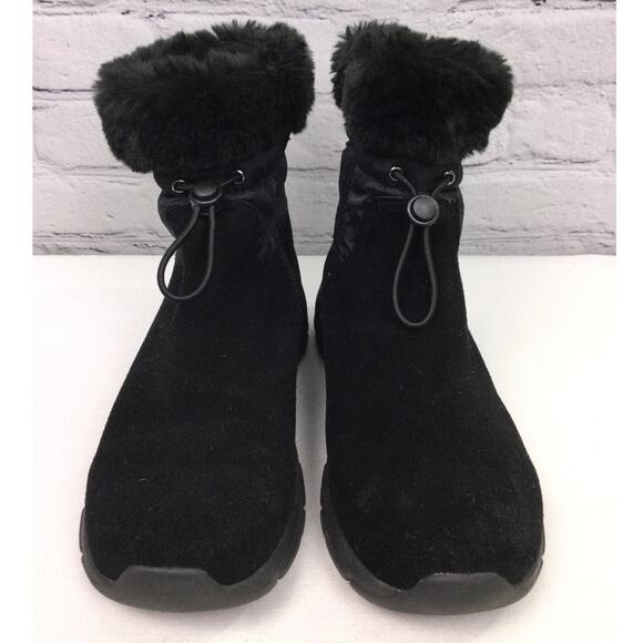 Lands End Suede Faux Fur Trim Quilted Accent Round Toe Black Ankle Bootie 7B - Picture 2 of 13